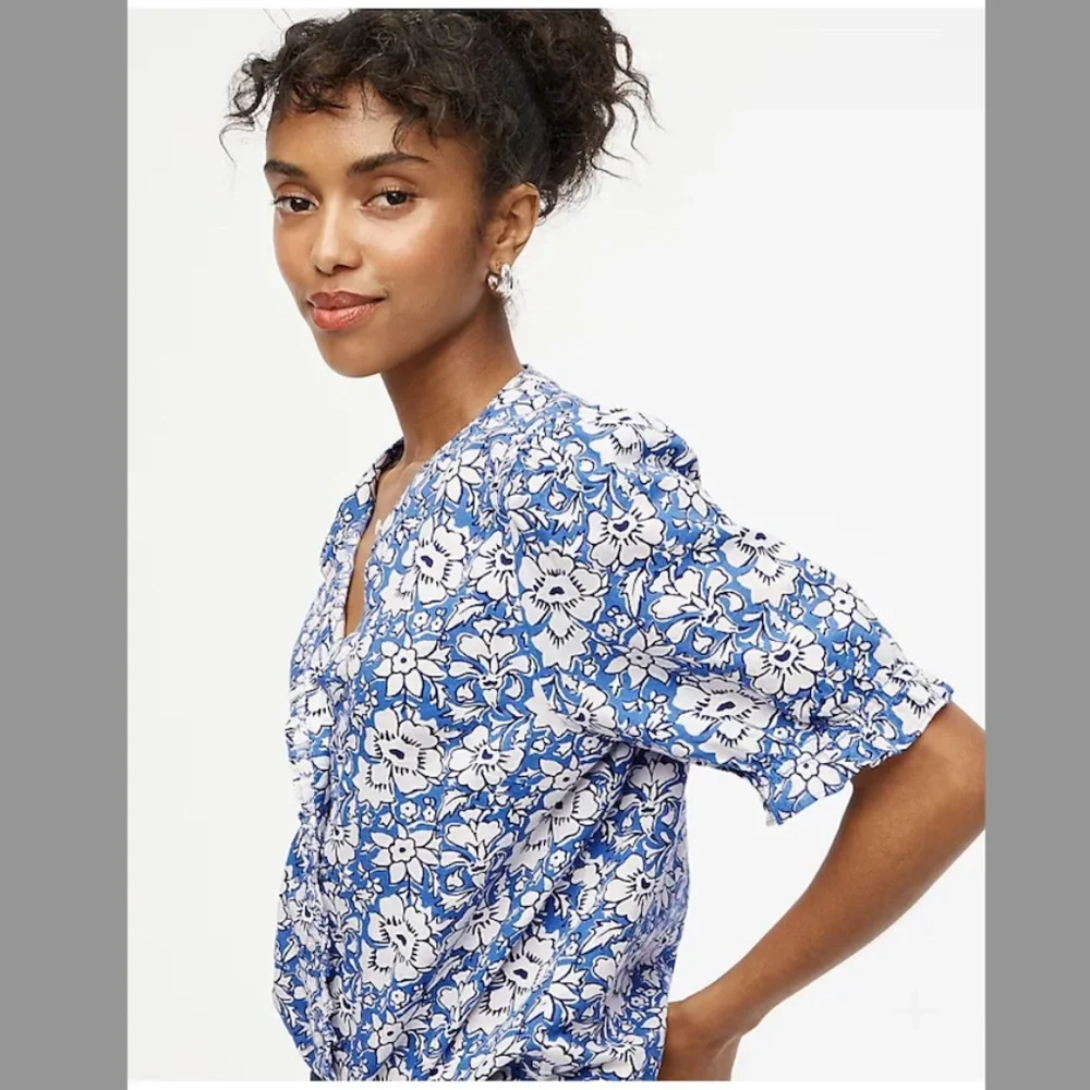 J Crew Factory Linen-blend Ruffle Top With Puff Sleeves in size M - Picture 3 of 4